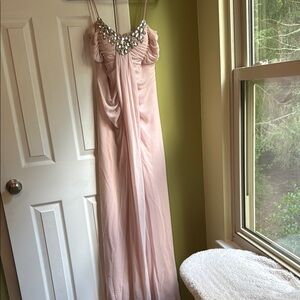 JM Collection Gemstone Neckline Pink Gown